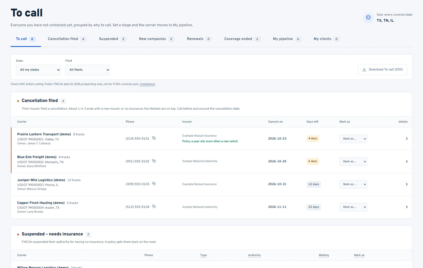 The XDate Alert dashboard with example data: tabs for To call, Cancellation filed, Suspended, New companies, Renewals, Coverage ended and My pipeline, state and fleet filters, and a Cancellation filed list with phone, insurer, coverage end date, days left and a Mark as menu on each carrier